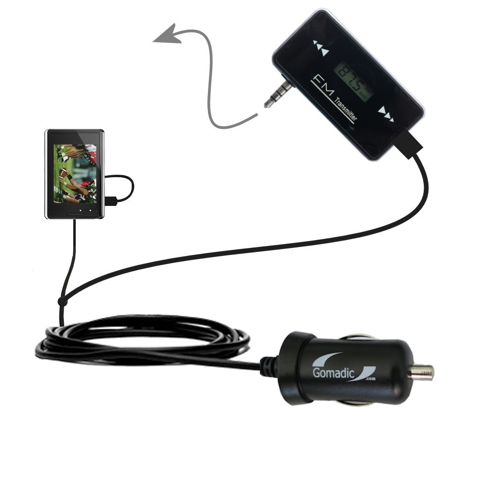 FM Transmitter Plus Car Charger compatible with the FLO TV PTV 350 Personal Television