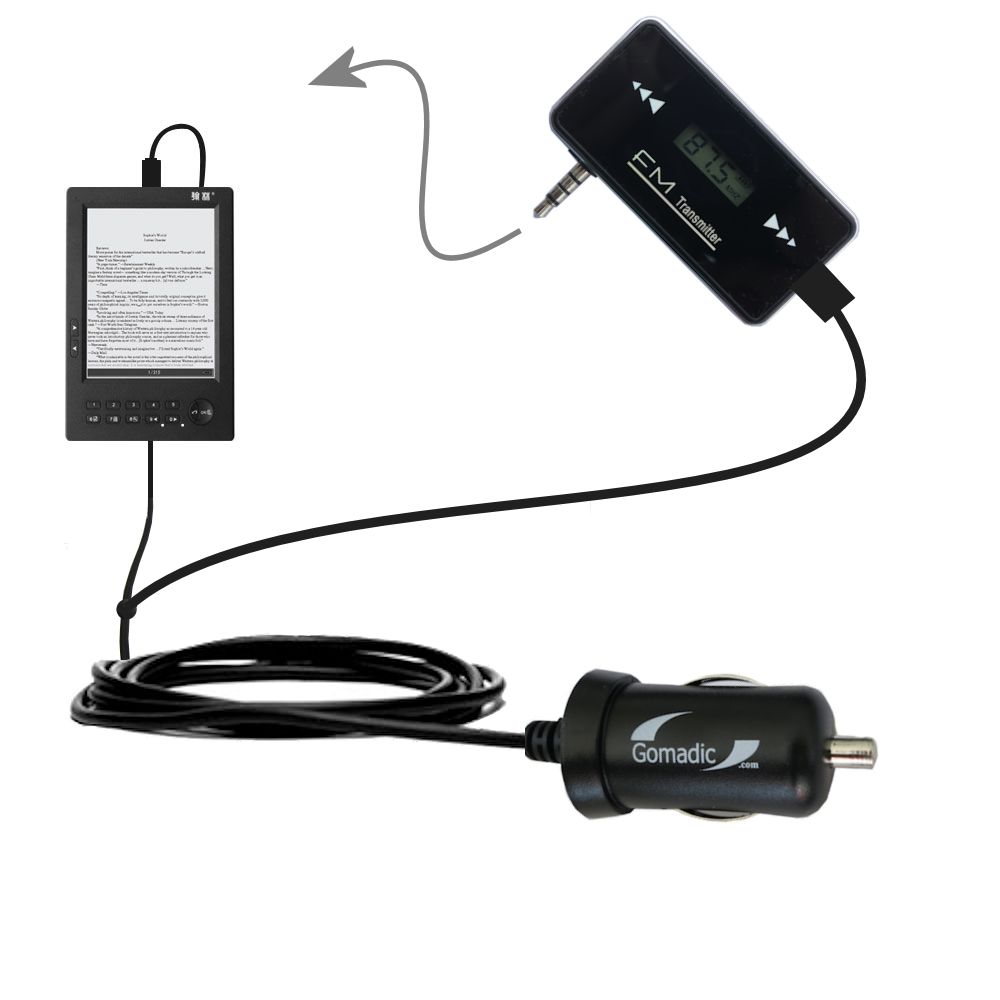 3rd Generation Powerful Audio FM Transmitter with Car Charger suitable for the HanLin eBook eBook V2 V3 V5 - Uses Gomadic TipExchange Technology