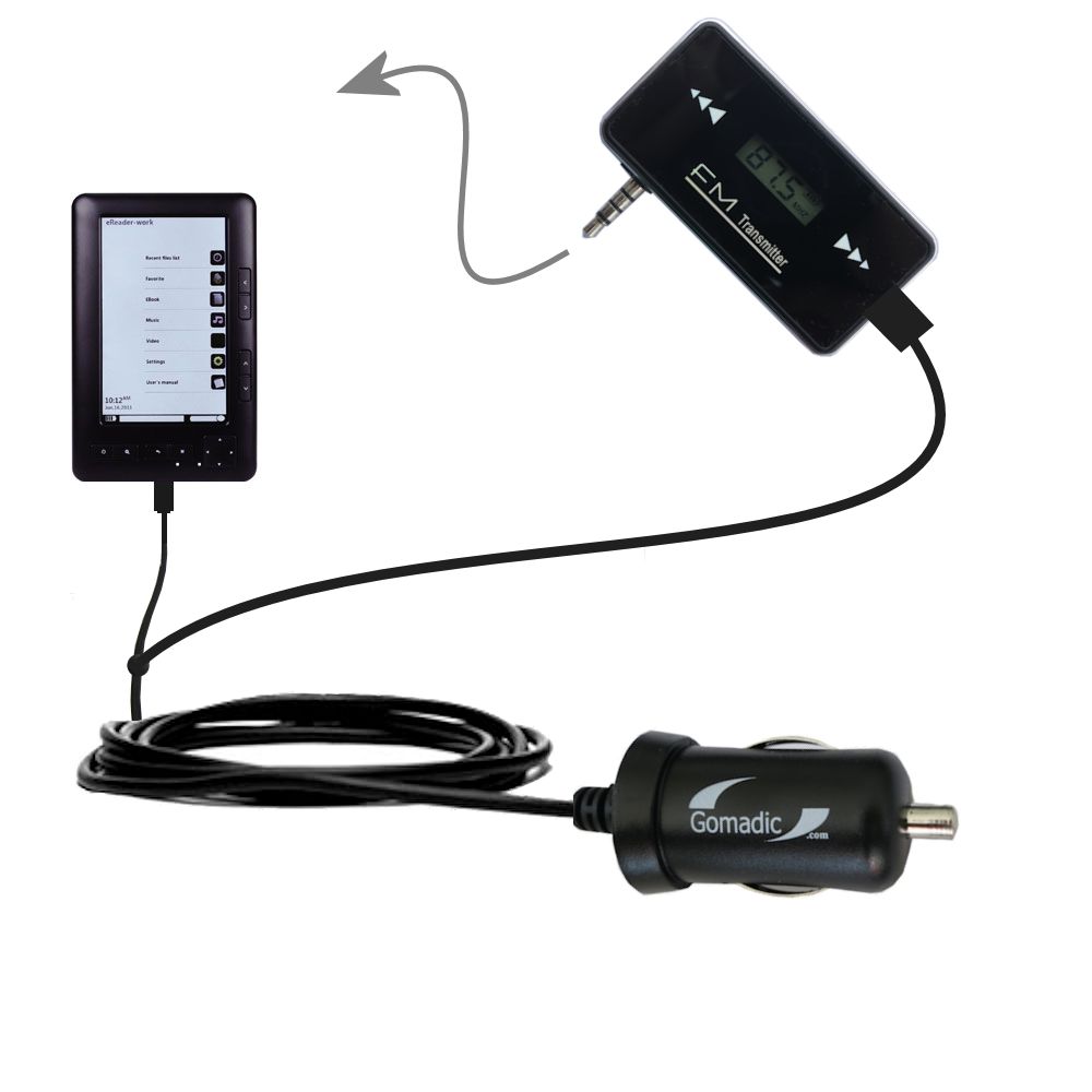 FM Transmitter Plus Car Charger compatible with the Laser eBook 5 EB101