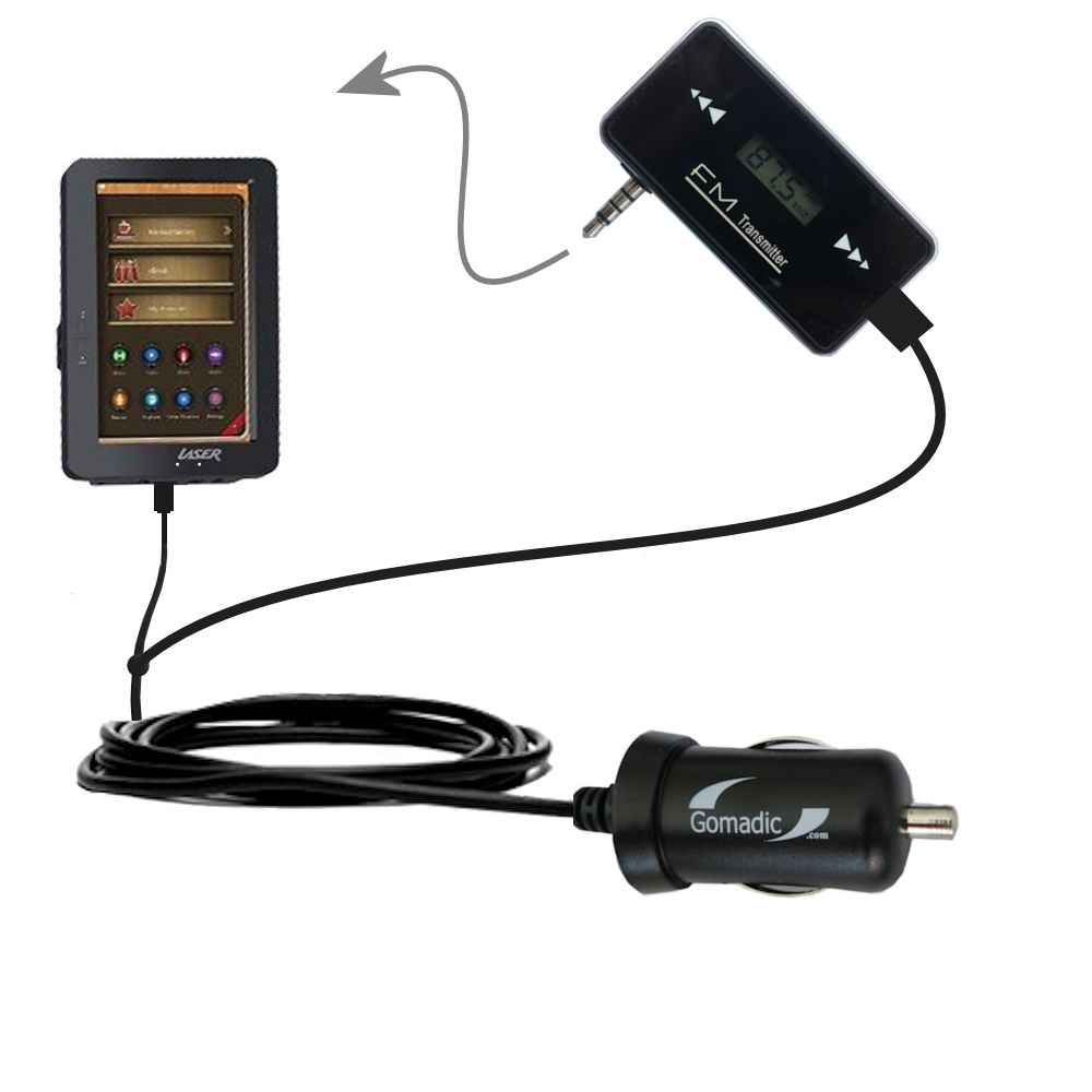 FM Transmitter Plus Car Charger compatible with the Laser eBook Media 7 EB720
