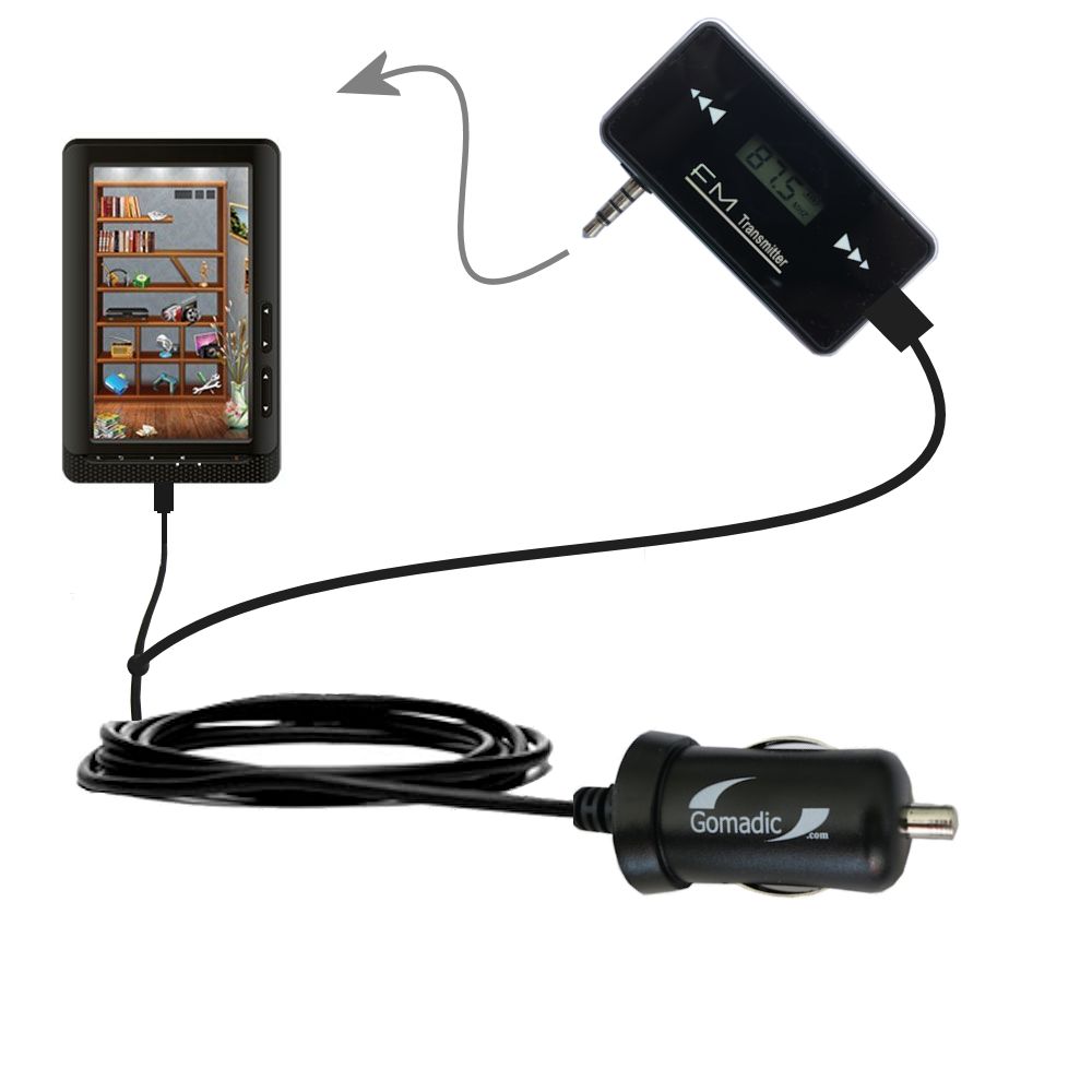3rd Generation Powerful Audio FM Transmitter with Car Charger suitable for the Laser eBook Media 7 EB850 - Uses Gomadic TipExchange Technology