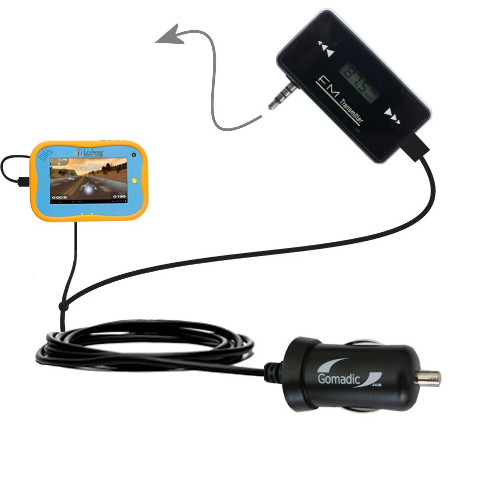 3rd Generation Powerful Audio FM Transmitter with Car Charger suitable for the Lexibook Junior Power Touch Tablet MFC270EN - Uses Gomadic TipExchange Technology