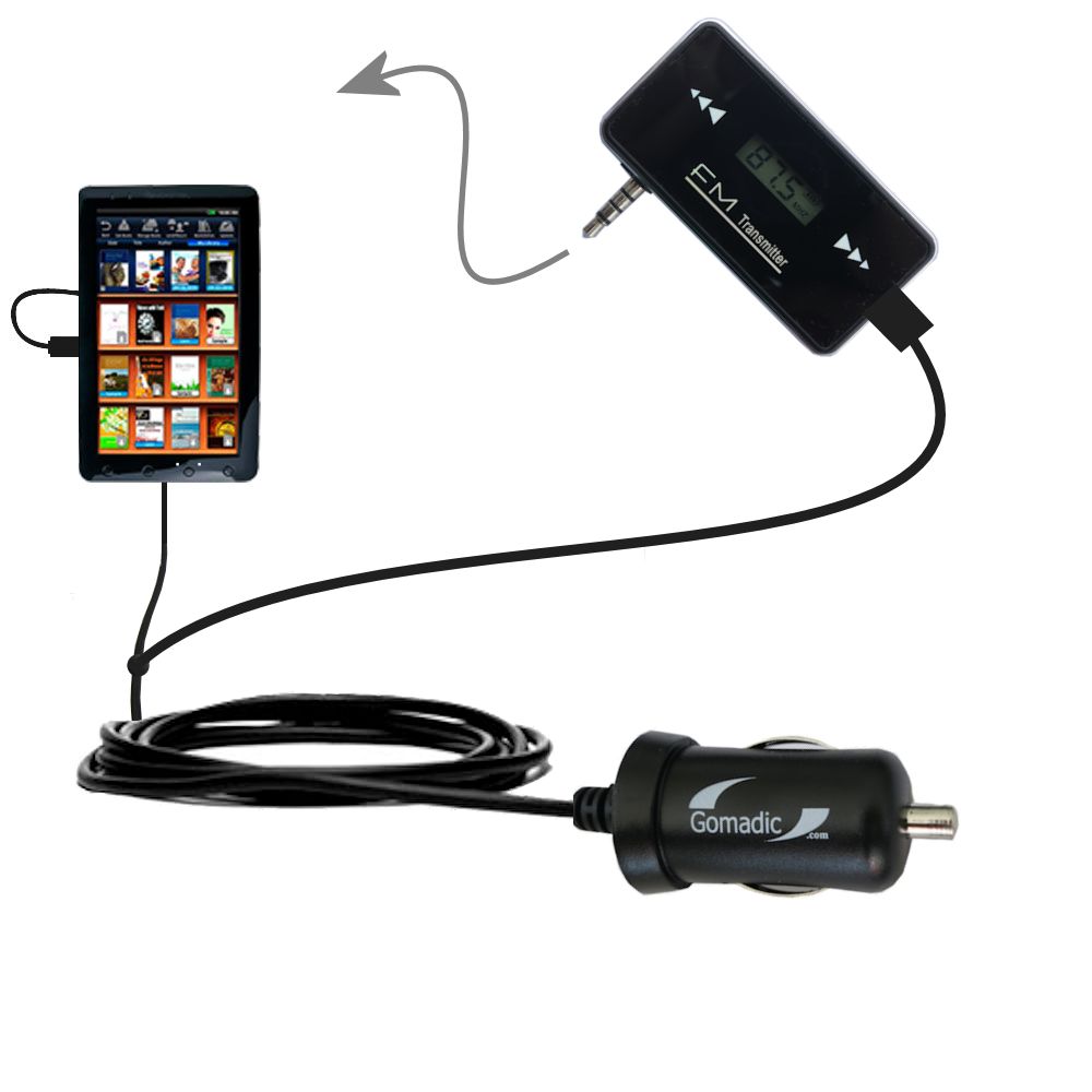 FM Transmitter Plus Car Charger compatible with the Pandigital 9 inch Novel Color Tablet R90L200