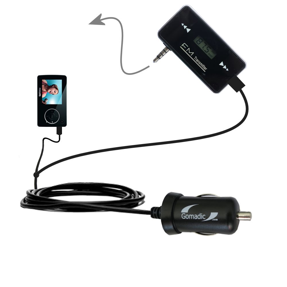 FM Transmitter Plus Car Charger compatible with the Philips 4GB Portable Video Player FullSound