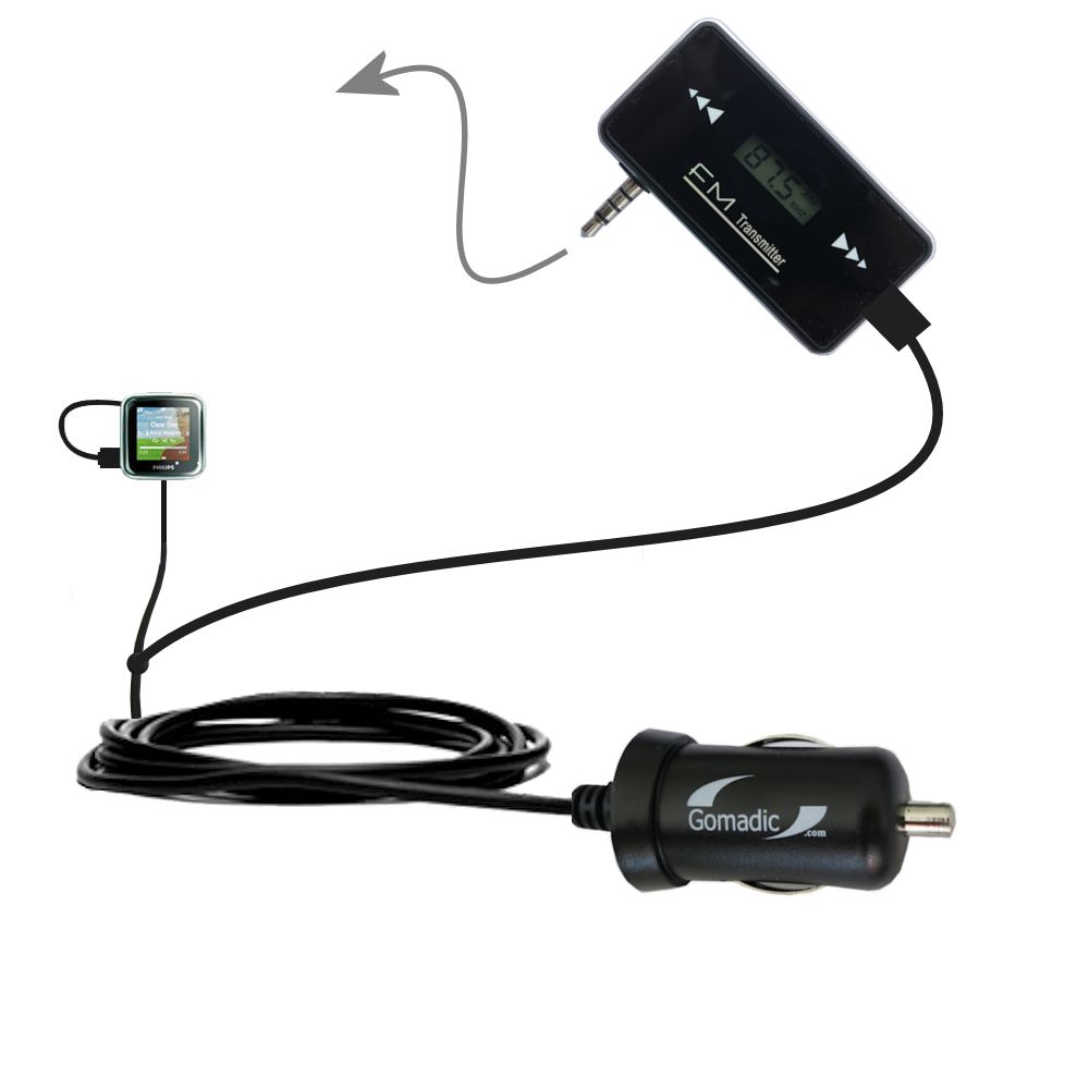 FM Transmitter Plus Car Charger compatible with the Philips GoGear SA2985/37 Spark
