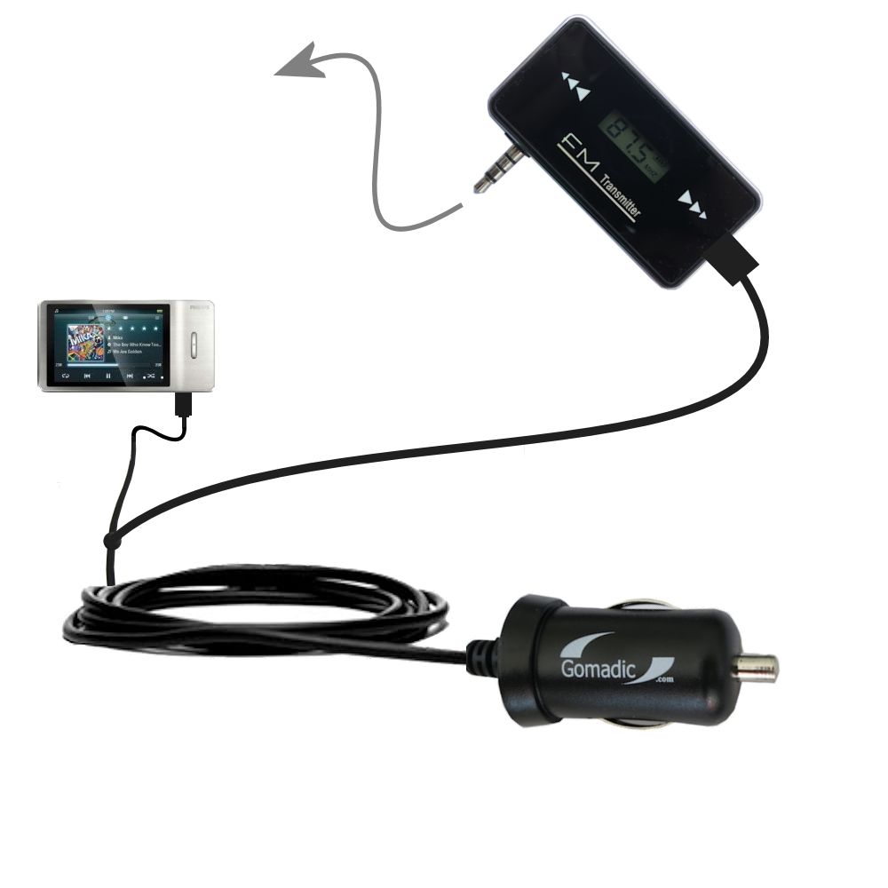 FM Transmitter Plus Car Charger compatible with the Philips Muse MP3 Video Player FullSound