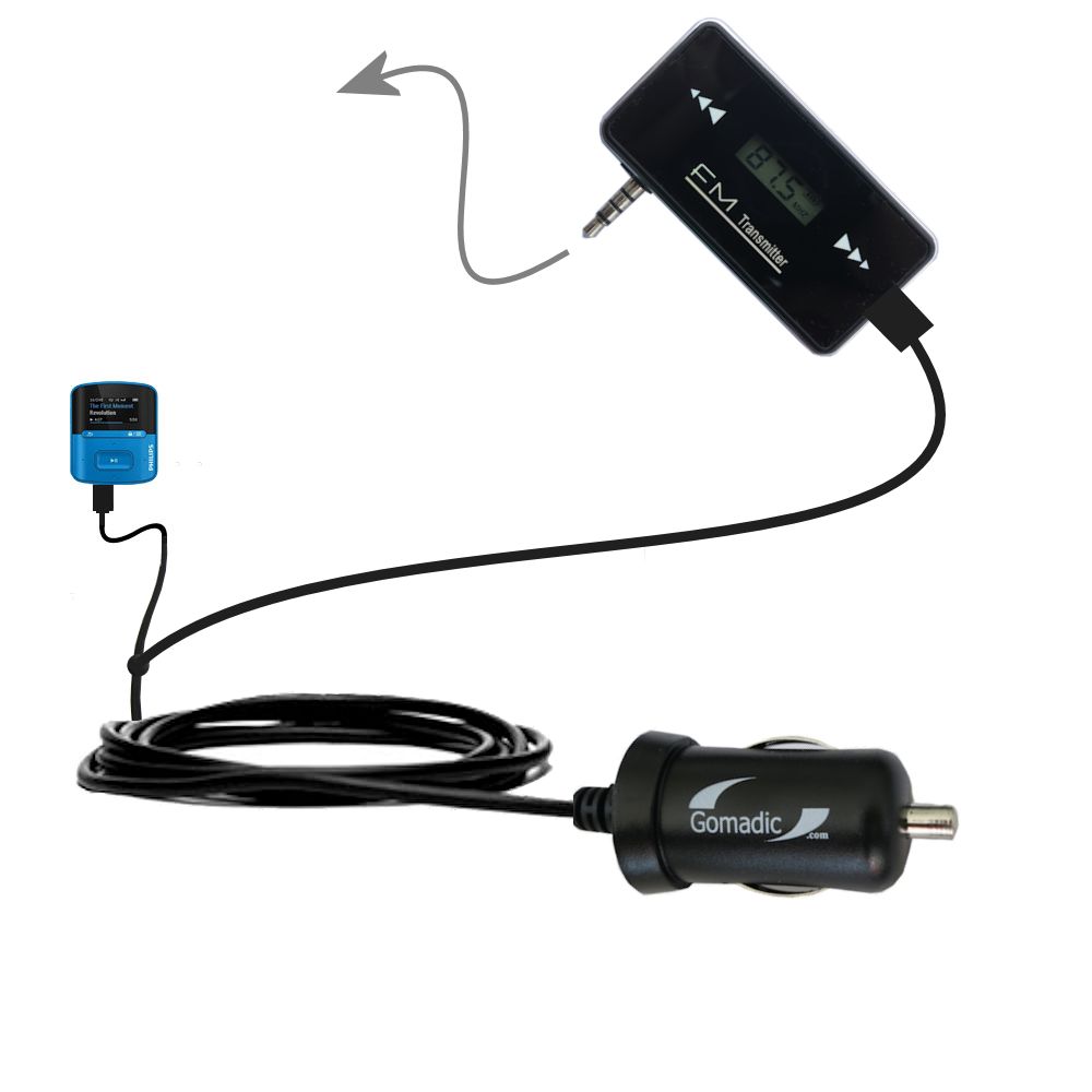 FM Transmitter Plus Car Charger compatible with the Philips RaGa MP3 Player