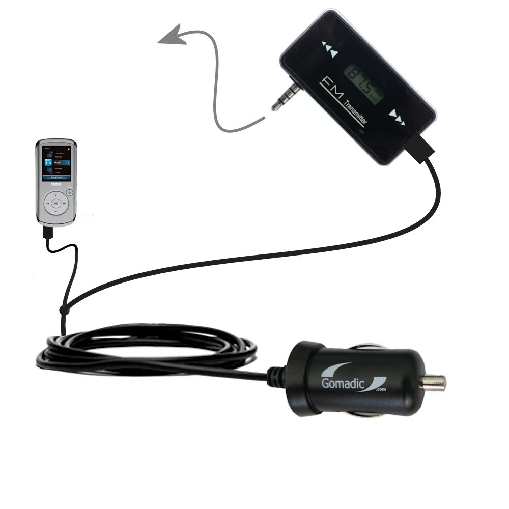 FM Transmitter Plus Car Charger compatible with the RCA M4108 Digital Music Player