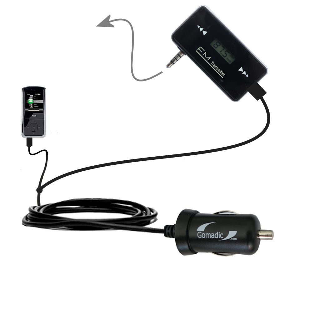 FM Transmitter Plus Car Charger compatible with the RCA M4308 Digital Music Player