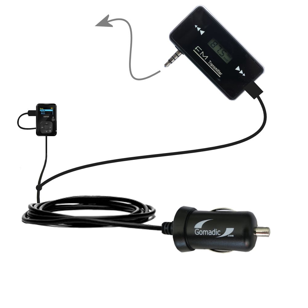 FM Transmitter Plus Car Charger compatible with the Sandisk Sansa Clip Plus