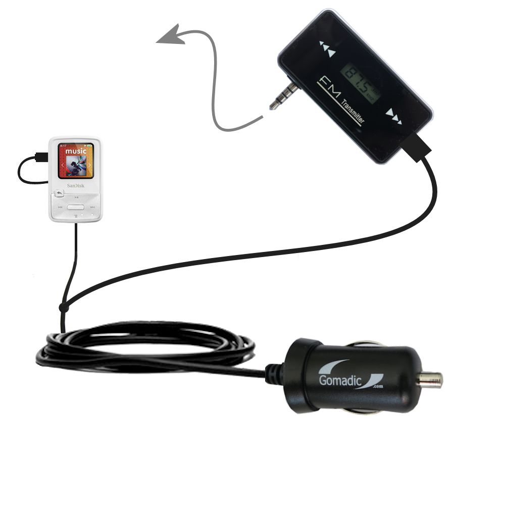 FM Transmitter Plus Car Charger compatible with the Sandisk Sansa Clip Zip