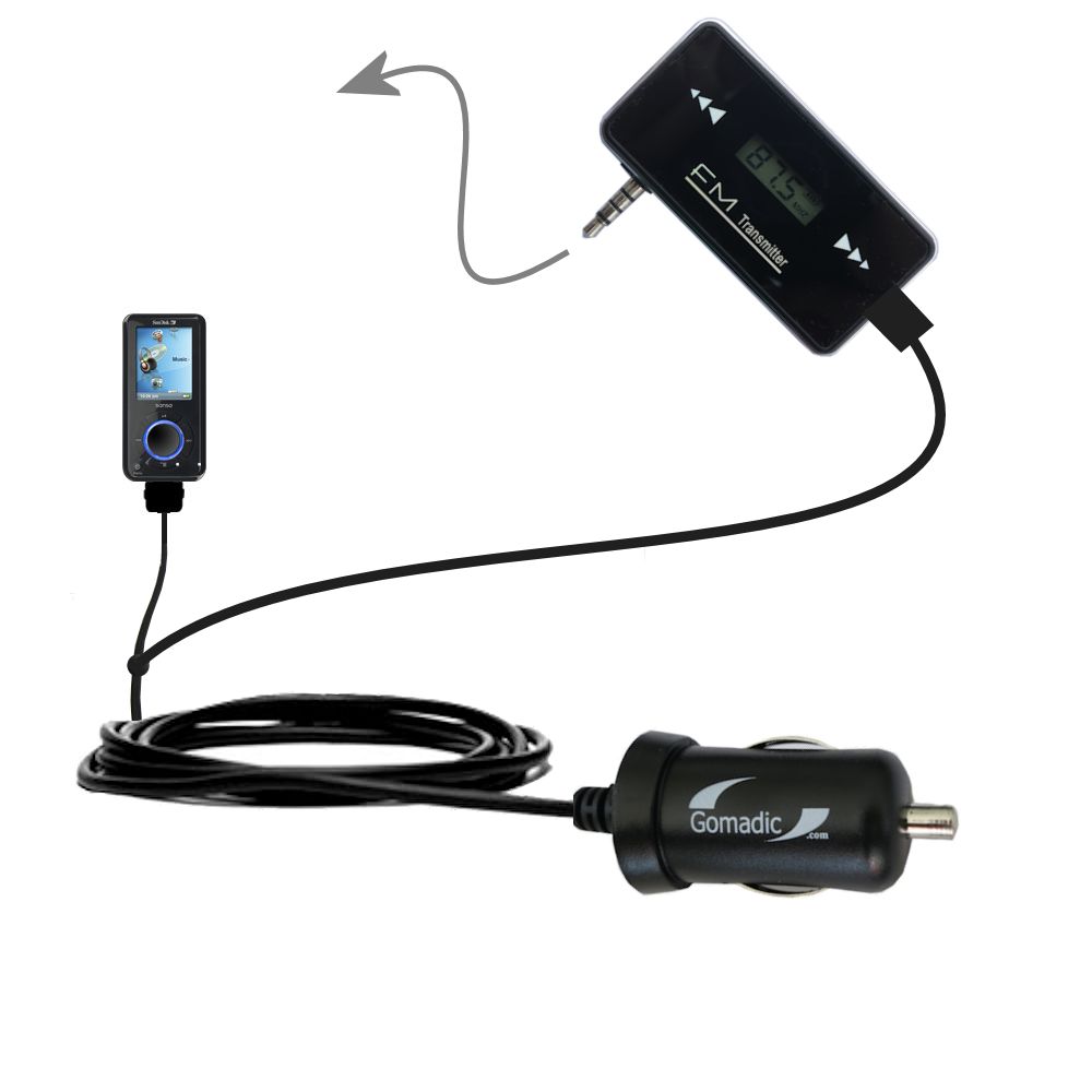 FM Transmitter Plus Car Charger compatible with the Sandisk Sansa e200R Rhapsody