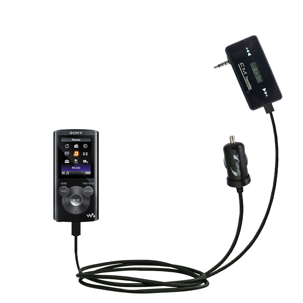 FM Transmitter Plus Car Charger compatible with the Sony NWZ-E383 / NWZ-E384 / NWZ-E385