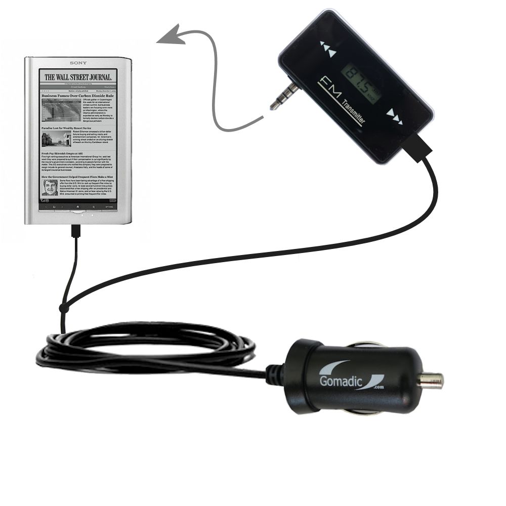 FM Transmitter Plus Car Charger compatible with the Sony PRS950 Reader Daily Edition