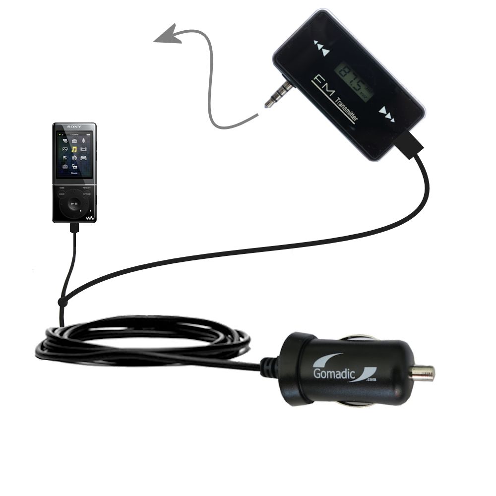 FM Transmitter Plus Car Charger compatible with the Sony Walkman NWZ-E463 E465 E473 E474 E475