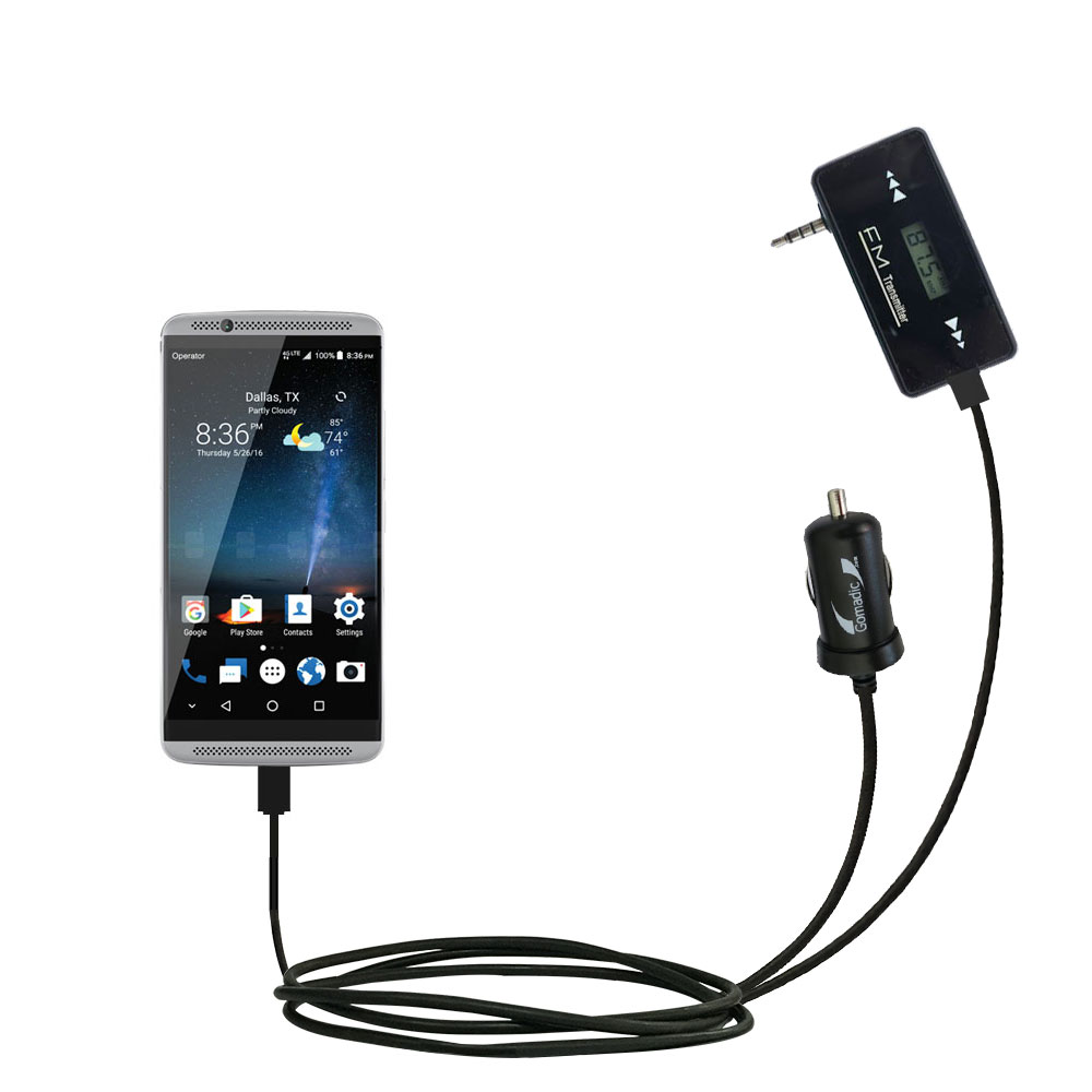 FM Transmitter Plus Car Charger compatible with the ZTE Axon 7 Mini
