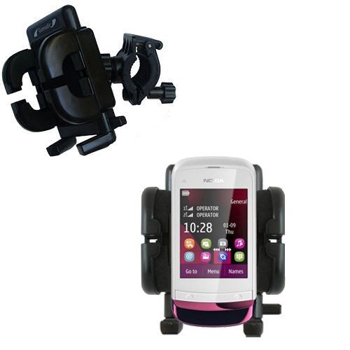 Gomadic Bike Handlebar Holder Mount System suitable for the Nokia C2-O6 - Unique Holder; Lifetime Warranty