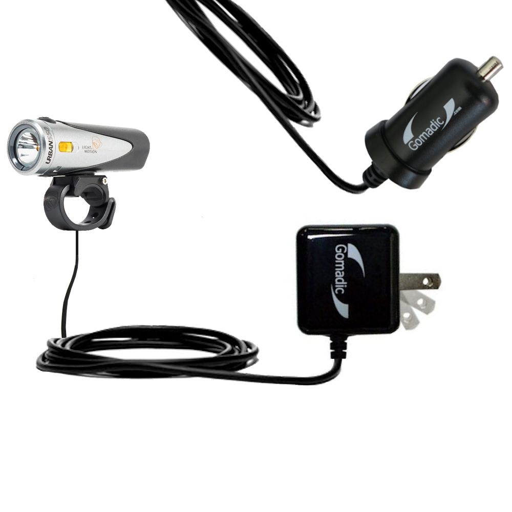 Gomadic Car and Wall Charger Essential Kit suitable for the Light and Motion Urban 700 / 550 - Includes both AC Wall and DC Car Charging Options with TipExchange