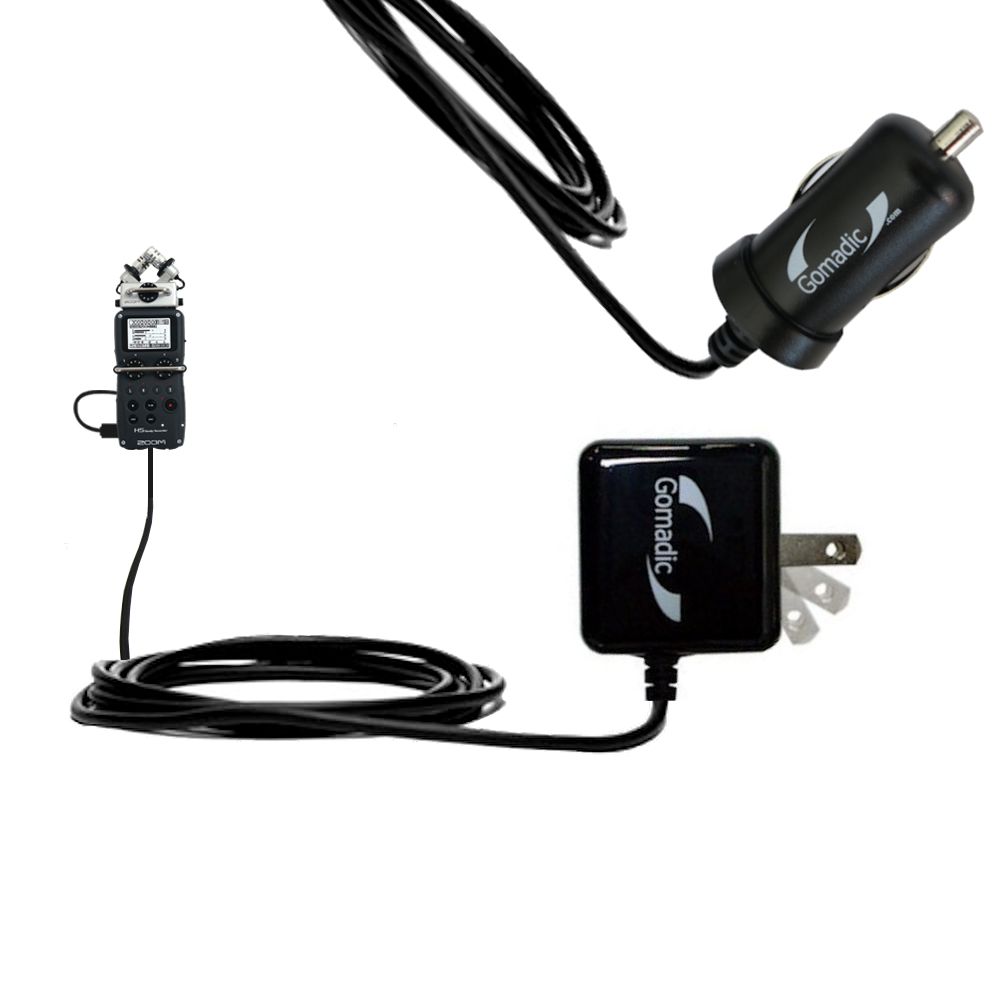 Gomadic Car and Wall Charger Essential Kit suitable for the Zoom H5 Handy Recorder - Includes both AC Wall and DC Car Charging Options with TipExchange