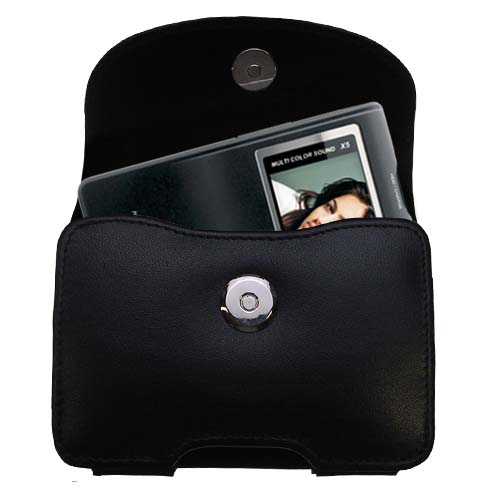 Gomadic Brand Horizontal Black Leather Carrying Case for the Cowon iAudio X5L with Integrated Belt Loop and Optional Belt Clip