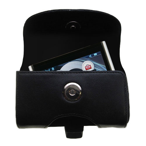 Gomadic Brand Horizontal Black Leather Carrying Case for the Insignia NV-CNV43 GPS with Integrated Belt Loop and Optional Belt Clip
