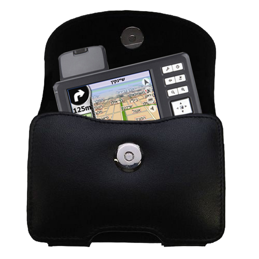 Gomadic Brand Horizontal Black Leather Carrying Case for the Mio 136 with Integrated Belt Loop and Optional Belt Clip