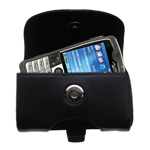 Gomadic Brand Horizontal Black Leather Carrying Case for the Mio 8870 MiTAC with Integrated Belt Loop and Optional Belt Clip