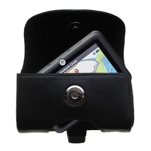 Gomadic Brand Horizontal Black Leather Carrying Case for the Motorola MOTONAV TN20 with Integrated Belt Loop and Optional Belt Clip