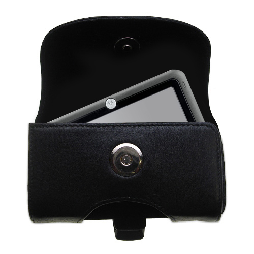 Gomadic Brand Horizontal Black Leather Carrying Case for the Motorola MOTONAV TN30 with Integrated Belt Loop and Optional Belt Clip