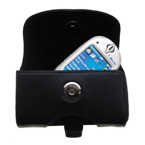 Gomadic Brand Horizontal Black Leather Carrying Case for the Orange SPV E200 with Integrated Belt Loop and Optional Belt Clip