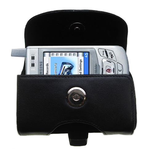 Gomadic Brand Horizontal Black Leather Carrying Case for the Samsung SGH-D415 with Integrated Belt Loop and Optional Belt Clip