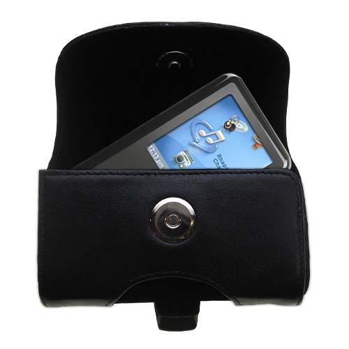 Gomadic Brand Horizontal Black Leather Carrying Case for the Sandisk Sansa e200R Rhapsody with Integrated Belt Loop and Optional Belt Clip