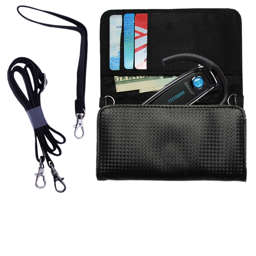 Purse Handbag Case for the LG Bluetooth Headset HBM-500 with both a hand and shoulder loop - Color Options Blue Pink White Black and Red