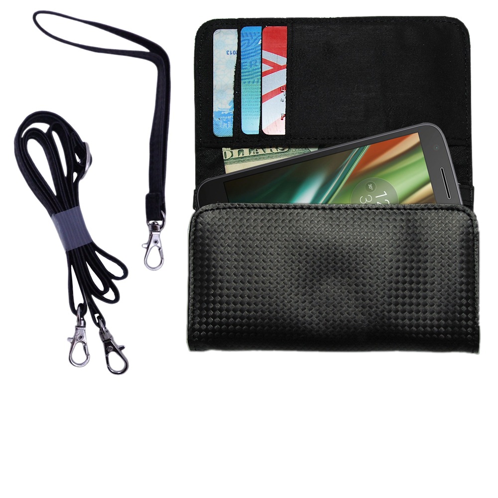 Black Purse Handbag Case for the Motorola Moto E3 Includes a Hand Loop and Shoulder Strap