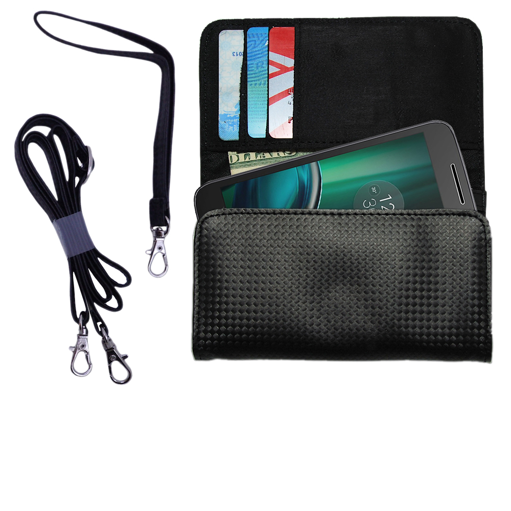 Black Purse Handbag Case for the Motorola Moto G4 Play Includes a Hand Loop and Shoulder Strap