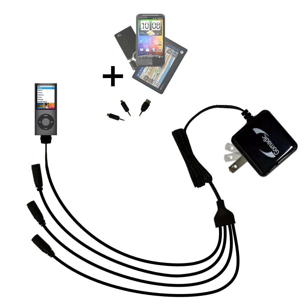 Quad output Wall Charger includes tip for the Apple iPod Nano