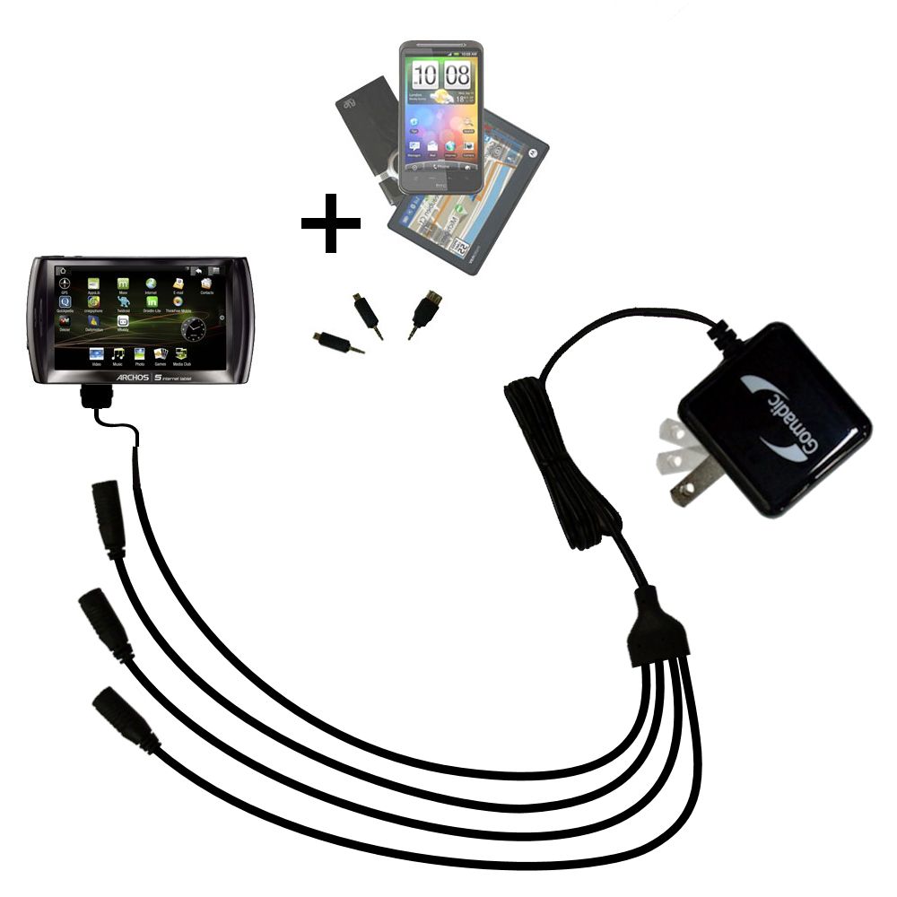 Quad output Wall Charger includes tip for the Archos 5 Internet Tablet with Android