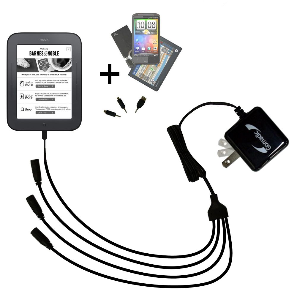 Quad output Wall Charger includes tip for the Barnes and Noble Nook Touch Reader