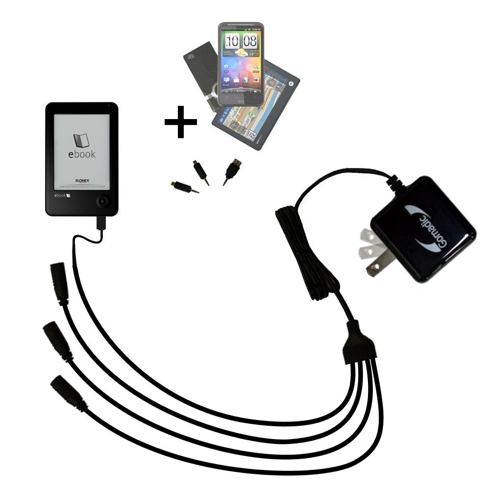 Quad output Wall Charger includes tip for the Elonex 621EB eInk eBook Reader