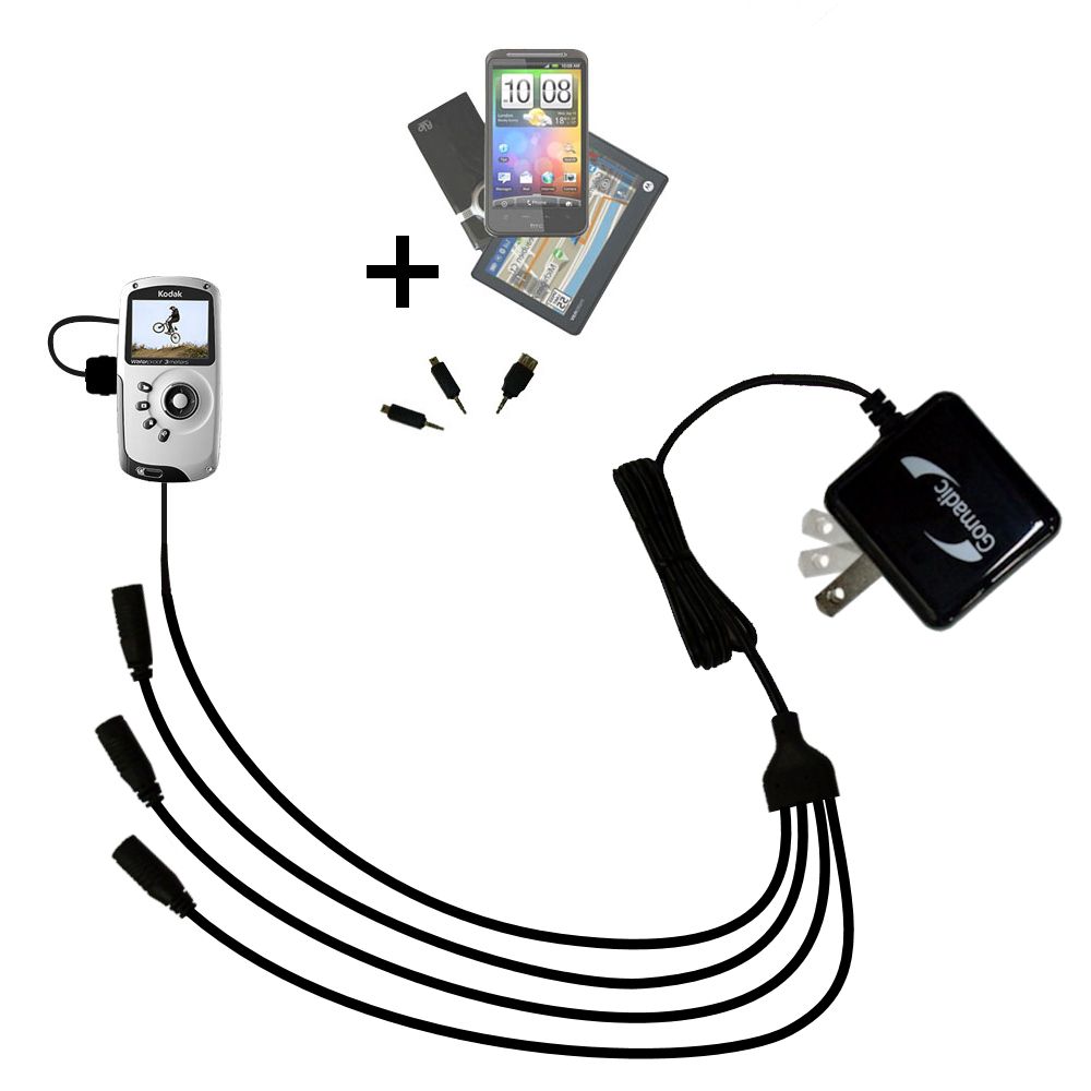 Quad output Wall Charger includes tip for the Kodak PlaySport Pocket Video Camera
