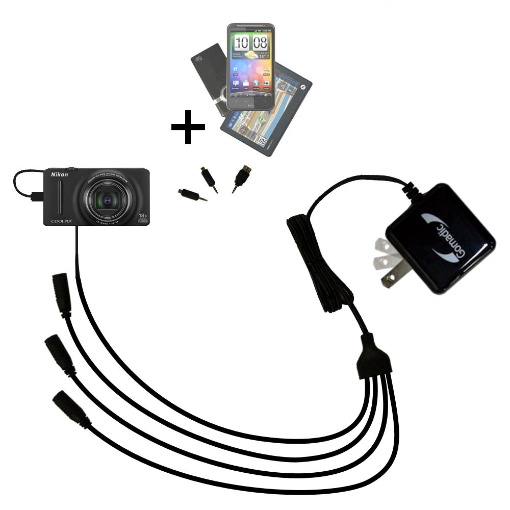 Quad output Wall Charger includes tip for the Nikon Coolpix S9200 / S9300
