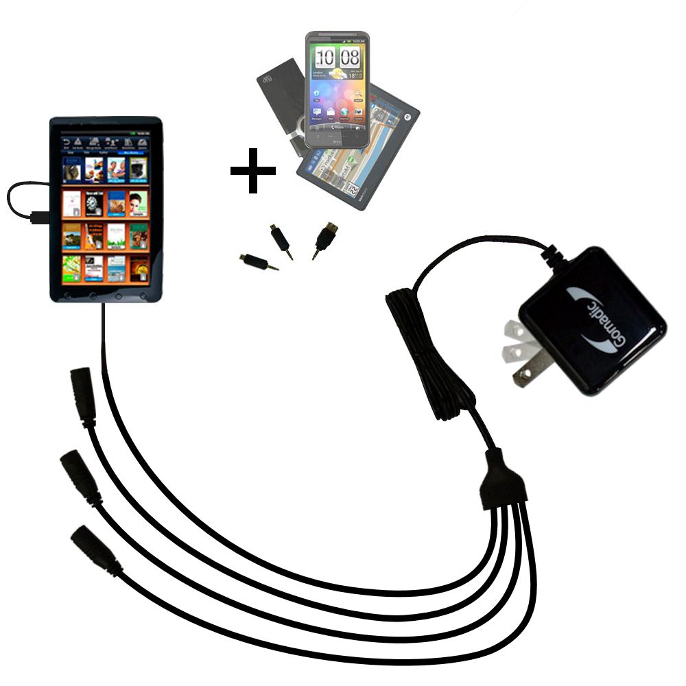 Quad output Wall Charger includes tip for the Pandigital 9 inch Novel Color Tablet R90L200