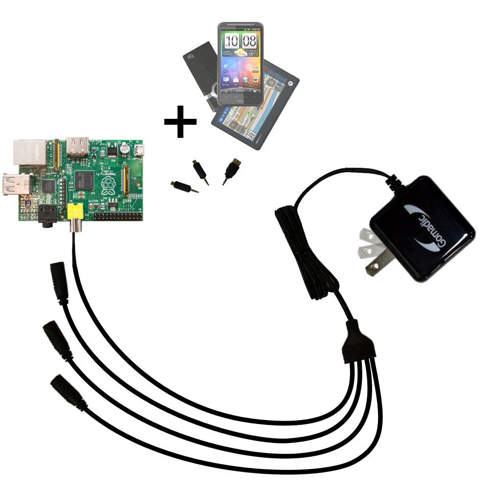 Quad output Wall Charger includes tip for the Raspberry Pi Board