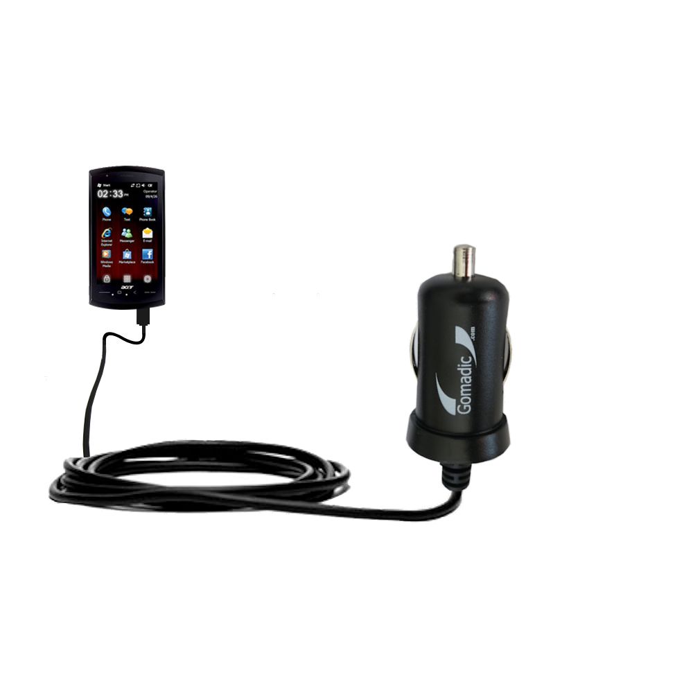 Gomadic Intelligent Compact Car / Auto DC Charger suitable for the Acer NeoTouch S200 - 2A / 10W power at half the size. Uses Gomadic TipExchange Technology