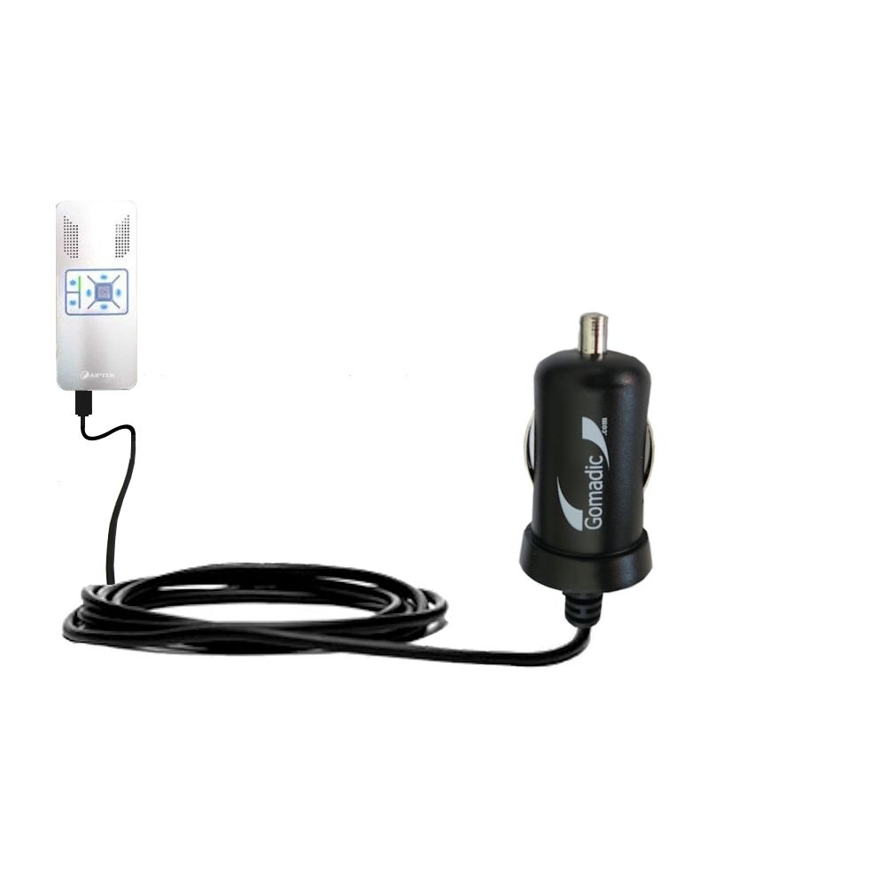 Gomadic Intelligent Compact Car / Auto DC Charger suitable for the Aiptek PocketCinema V10 plus - 2A / 10W power at half the size. Uses Gomadic TipExchange Technology