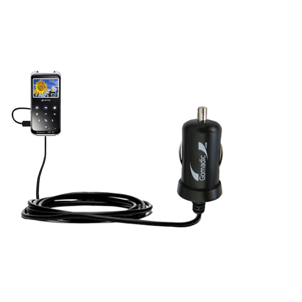Gomadic Intelligent Compact Car / Auto DC Charger suitable for the Aiptek PocketCinema z20 Pro - 2A / 10W power at half the size. Uses Gomadic TipExchange Technology