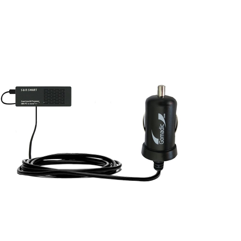 Gomadic Intelligent Compact Car / Auto DC Charger suitable for the Android SainSmart SS808 PC-On-A-Stick - 2A / 10W power at half the size. Uses Gomadic TipExchange Technology