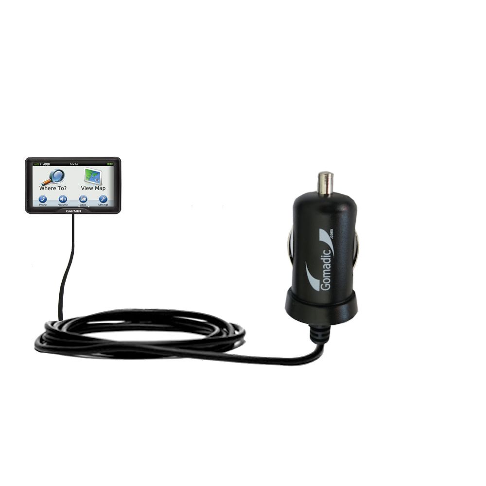 Gomadic Intelligent Compact Car / Auto DC Charger suitable for the Garmin dezl 760 LMT - 2A / 10W power at half the size. Uses Gomadic TipExchange Technology