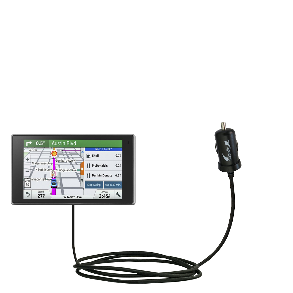 Gomadic Intelligent Compact Car / Auto DC Charger suitable for the Garmin DriveLuxe 50LMTHD - 2A / 10W power at half the size. Uses Gomadic TipExchange Technology
