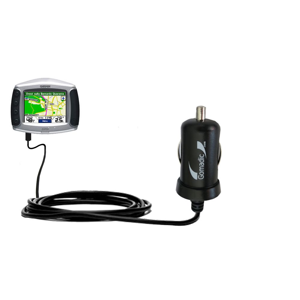 Gomadic Intelligent Compact Car / Auto DC Charger suitable for the Garmin Zumo 400 - 2A / 10W power at half the size. Uses Gomadic TipExchange Technology